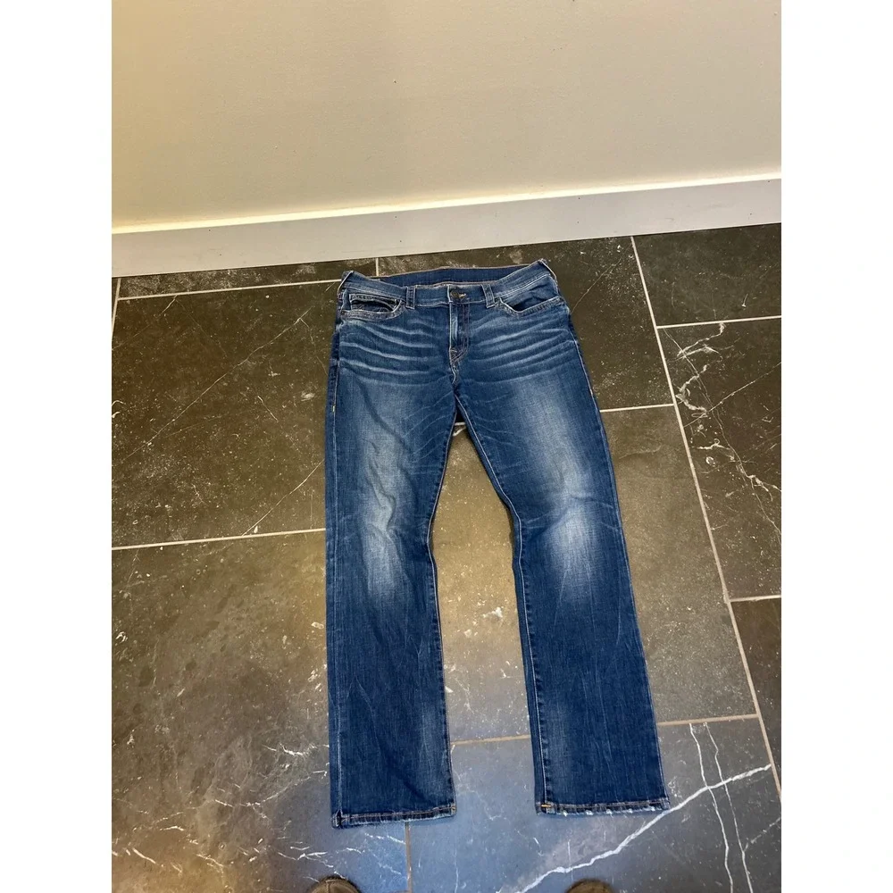 True Religion Geno Slim Straight Jeans Mens 36 Blue Denim Horseshoe Flap Pocket